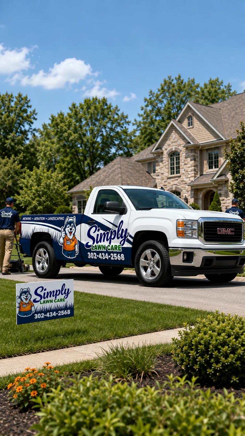 A Simply Lawn Care pickup truck, wrapped in the company's navy and white branding, parked in the driveway of a suburban home while two crew members work on the lawn. A Simply Lawn Care yard sign stands at the edge of the grass.